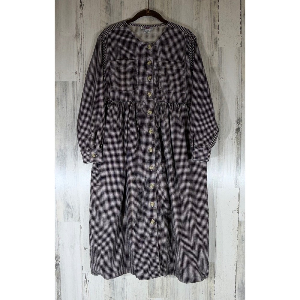 FADS Midi Dress Large Petite Black Gingham Corduroy Button Up Vintage 90s READ